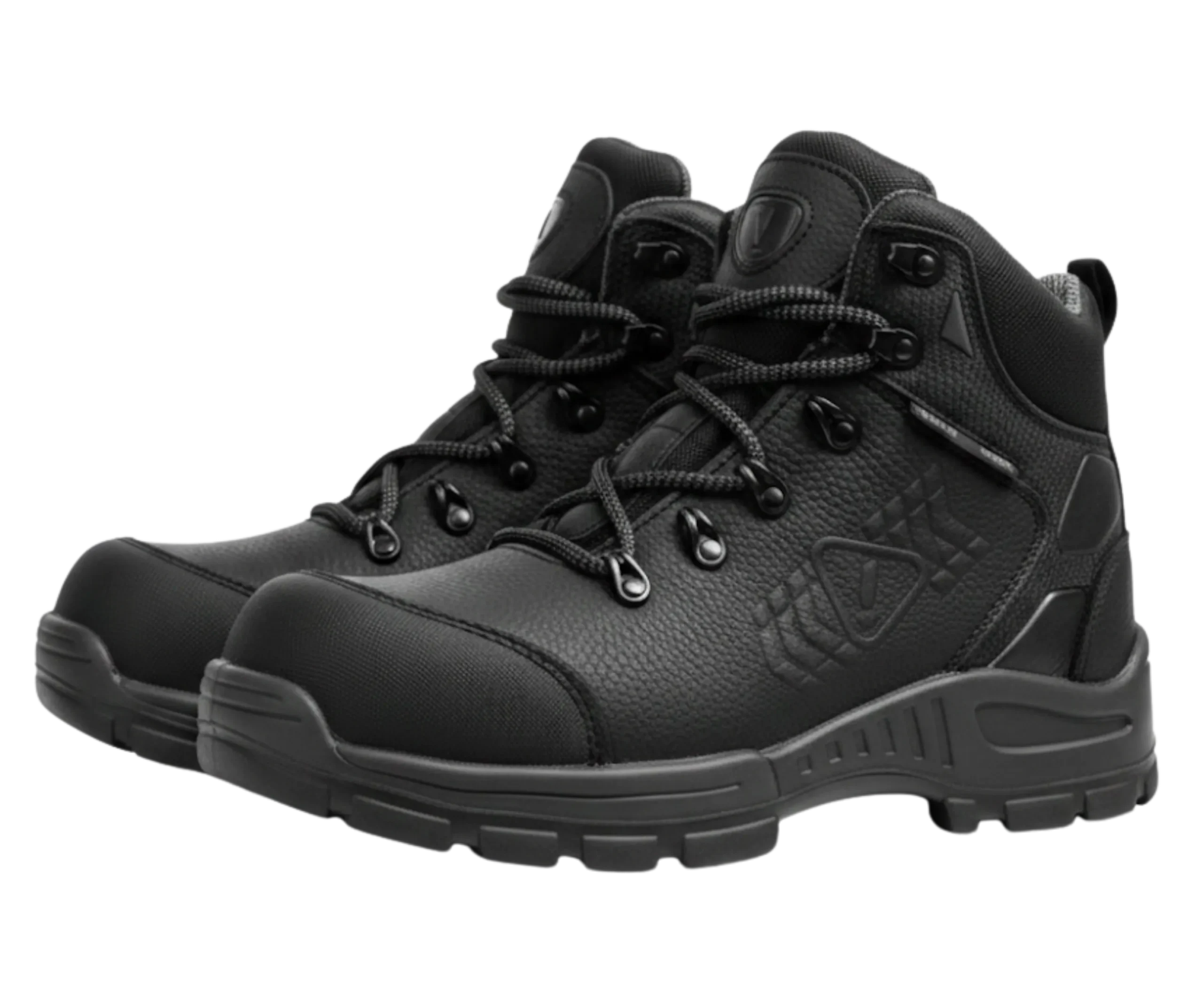 Bota de seguridad tipo industrial con agujetas y suela de calzado antiderrapante reforzado para máxima tracción negra.