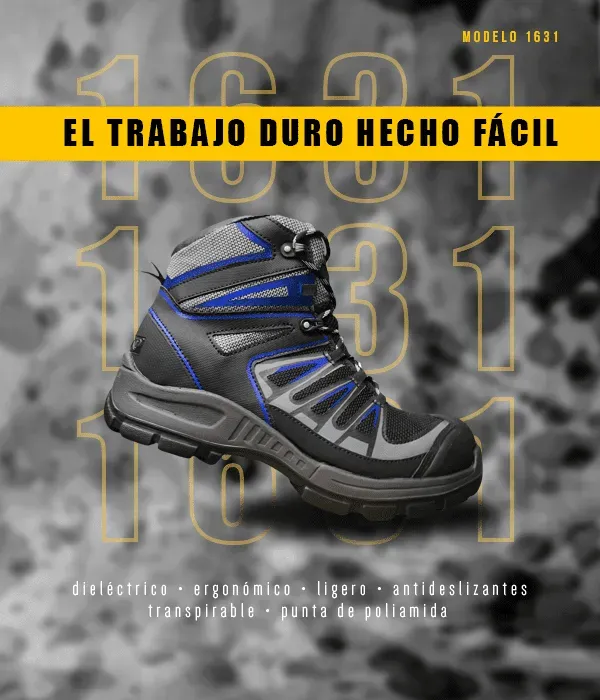 Fotografía de calzado industrial color negro con detalles color azul y gris con texto color amarillo de fondo.