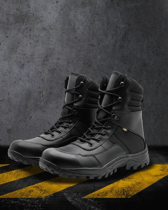Calzado de seguridad: Fotografía de medio lado de botas de seguridad color negro con agujetas color negro.