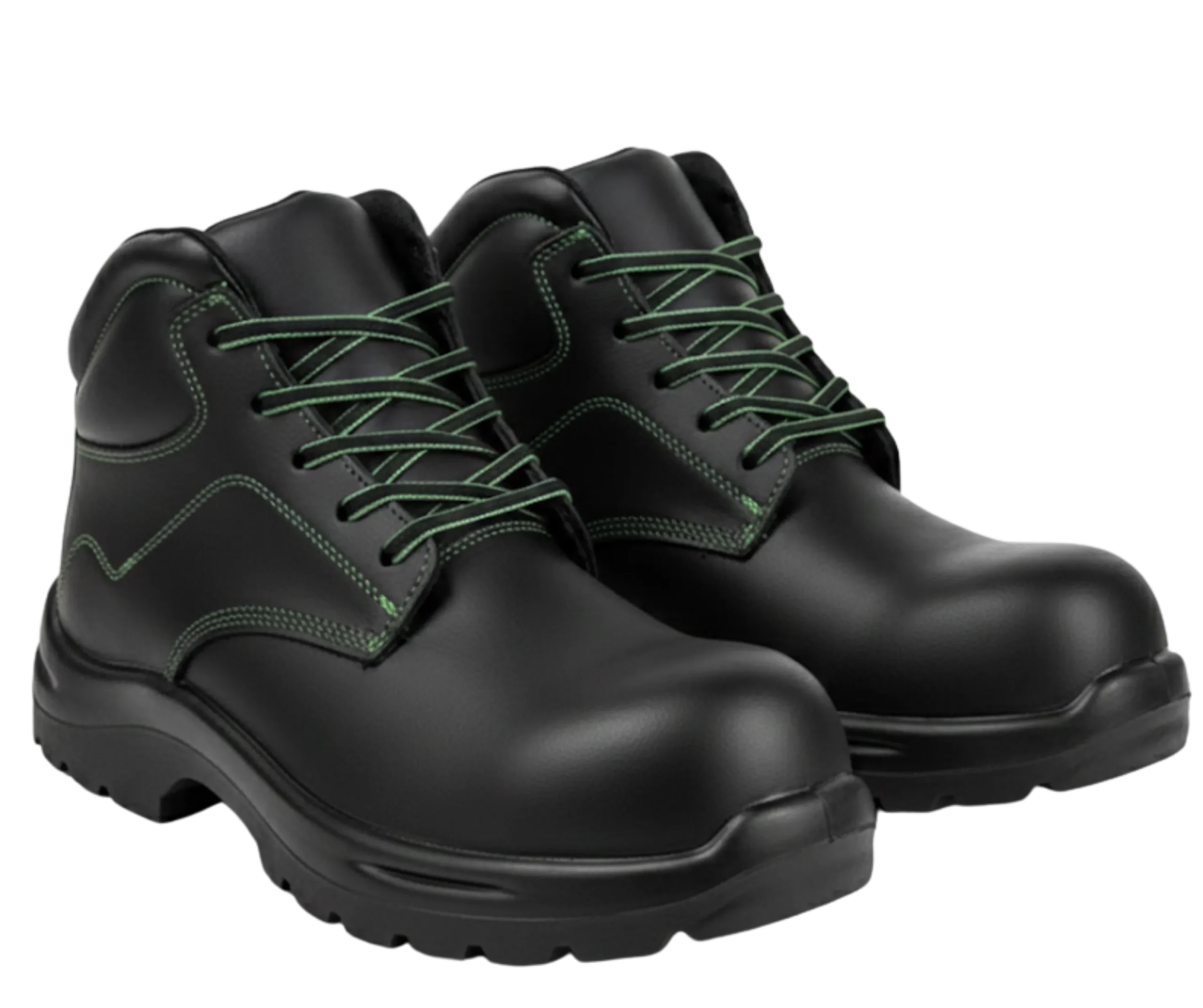 Botas Hunter con costuras verdes y suela gruesa. Mira dónde comprar botas industriales para máxima tracción en campo.