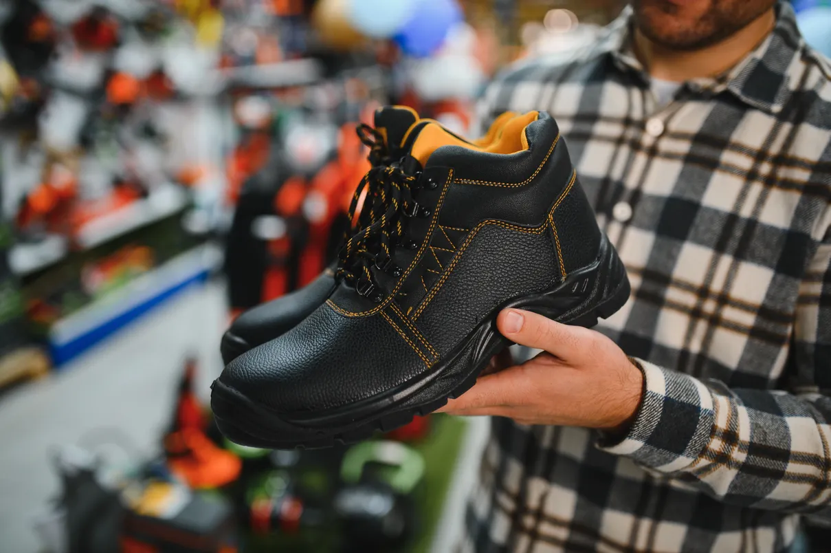 Mejores zapatos de seguridad: Fotografía de un hombre sosteniendo un par de zapatos color negro con naranja.