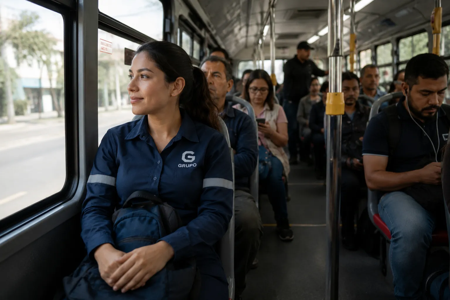 Tipos de accidente de trabajo: Fotografía de una mujer usando uniforme de trabajo sentada en el transporte público.