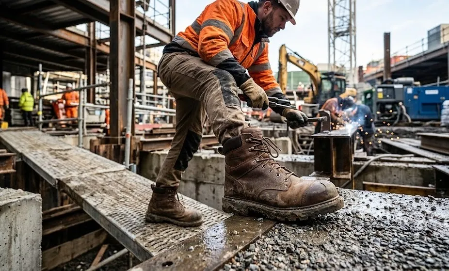 Fotografía de un hombre utilizando uno de los tipos de calzado de seguridad: botas con casquillo color café.